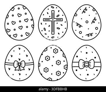 Ligne noire décorée oeufs de Pâques avec différents motifs, ensemble d'icônes vectorielles. Nourriture traditionnelle d'Europe de l'est pour les vacances, signes de contour monochromes Illustration de Vecteur