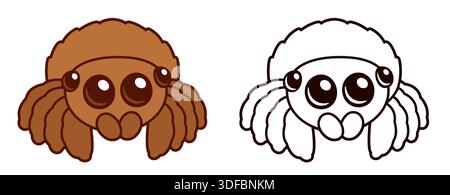 Araignée moelleuse de dessin animé mignonne. Dessin au trait noir et blanc et dessin de bande dessinée en couleur. Personnage d'araignée Kawaii, illustration vectorielle isolée. Illustration de Vecteur