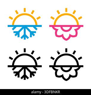 Symbole solstice ou équinoxe d'été et d'hiver. Moitié soleil, moitié flocon de neige pour l'hiver, fleur pour le solstice d'été. Logo abstrait géométrique minimal ou icône Illustration de Vecteur