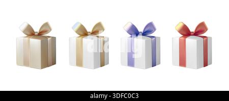 illustration réaliste d'icône vectorielle. Set de boîte figt présente avec des rubans colorés. Boîte cadeau avec arc isolé sur fond blanc. Illustration de Vecteur
