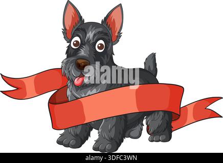 Illustration vectorielle gaie de Terrier écossais avec un ruban rouge et des contours de bande dessinée audacieux. Illustration de Vecteur
