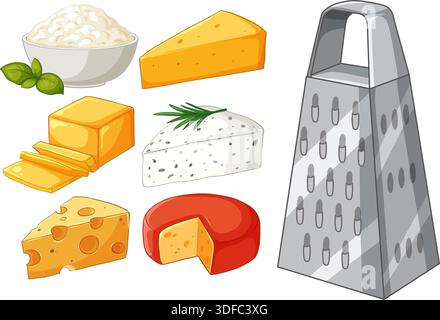 Illustration vectorielle plate de divers types de fromage et une râpe en acier inoxydable sur fond blanc Illustration de Vecteur