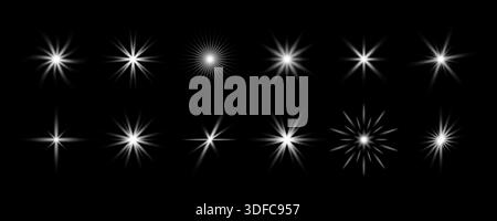 Collection White Glowing Sparkles. Jeu d'effets de lumière éclatante. Étoiles magiques, scintillements et étincelles brillant pack. Groupe d'éléments solaires de radiance des rayons Starlight. Faisceau d'éclats de rayons solaires rayonnants. Vecteur Illustration de Vecteur