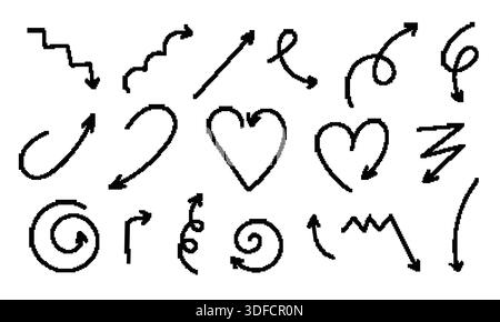 Jeu de flèches griffonneuses. Flèche noire pinceau pixel Illustration de Vecteur