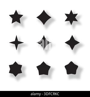 Étoiles noires fixées. Différentes formes étoile avec ombre Illustration de Vecteur
