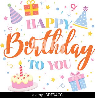 Carte de voeux joyeux anniversaire avec typographie colorée, gâteau, cadeaux et icônes de fête Illustration de Vecteur