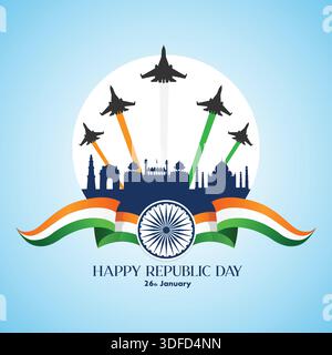 Happy Republic Day India 26 janvier illustration avec Fighter jets, ruban tricolore et indien Illustration de Vecteur