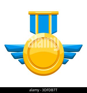 Médaille d'or avec ruban et ailes. Prix du jeu pour les gagnants. Illustration de prix pour compétitions sportives. Illustration de Vecteur