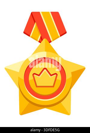 Médaille d'or avec ruban et couronne. Prix du jeu pour les gagnants. Illustration de prix pour compétitions sportives. Illustration de Vecteur