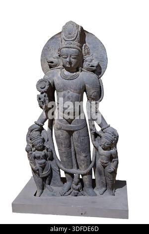 Ce Vaikuntha Vishnu en pierre du XIe-XIIe siècle de Verinag, au Cachemire, se tient dans une pose tribhanga. La sculpture présente une grande couronne kiritimukuta, des traits pointus du visage et un collier à trois cordes. Flanqué de Gadadevi, Chakrapurusha et Bhudevi, il représente le style cachemirien de la dernière phase. Banque D'Images