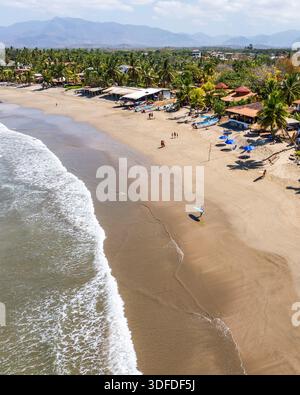 Vue aérienne de la plage ensoleillée où le sable doré rencontre les vagues turquoises, et les palmiers balancent doucement dans la brise, la Saladita, Guerrero, Banque D'Images