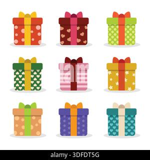 Ensemble de boîtes cadeaux colorées isolées sur fond monochrome Illustration de Vecteur