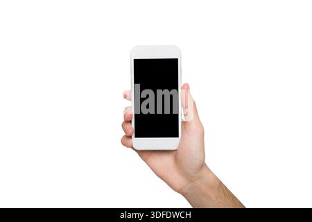 Mains masculines tenant un phon mobile vierge Banque D'Images
