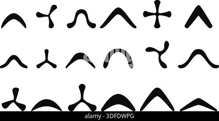 Boomerangs aborigènes. Différentes silhouettes noires boomerang. Arme indigène australienne, outils de sport. Jouets pour enfants, équipement de jeux d'activités, sapid Illustration de Vecteur