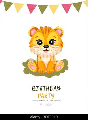 Modèle d'invitation d'anniversaire pour enfants avec un petit tigre mignon assis sur l'herbe verte, avec des drapeaux multicolores triangulaires, fond blanc, illustration vectorielle. Pour l'impression de cartes, design Illustration de Vecteur