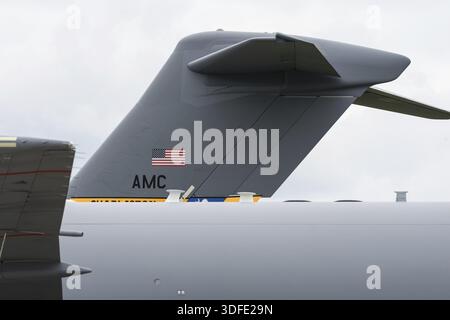 BERLIN - 05 JUIN 2024 : le fragment du transporteur aérien stratégique et tactique McDonnell Douglas-Boeing C-17 Globemaster III US Air Force. ILA Berlin Air S Banque D'Images