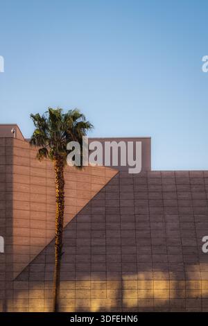 Vue d'un palmier solitaire se dresse haut contre l'architecture géométrique baignée dans la lueur chaude du soleil couchant, Las Vegas, Nevada, United Stat Banque D'Images