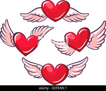 Coeurs de dessins animés avec des ailes Illustration de Vecteur