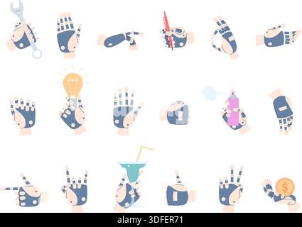 Mouvements du bras du robot. Technologies mains numériques, bras robotiques différentes positions et signes. Pointage à la main, afficher les symboles, tenir le stylo, lampe, vecteur récent Illustration de Vecteur