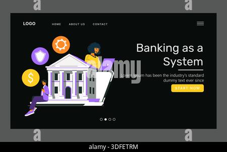 Illustration vectorielle d'une interface de site Web bancaire présentant un bâtiment bancaire, la sécurité, les paramètres et les icônes financières. Les gens interagissent avec la technologie, suggérant des services financiers modernes. Illustration de Vecteur