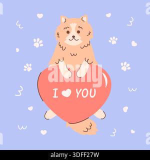 Un chat mignon et moelleux tient un grand cœur avec une déclaration d'amour dans ses pattes. Un charmant animal de compagnie de style dessin animé. Conception pour une carte de voeux, une carte de Saint-Valentin ou une carte de jour pour animaux de compagnie. Illustration de Vecteur