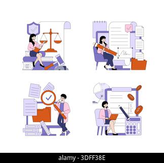 Illustration vectorielle représentant des individus engagés dans des tâches juridiques et financières. Comprend la révision des documents, la signature des contrats, la vérification des dossiers et la gestion des finances avec la technologie. Illustration de Vecteur