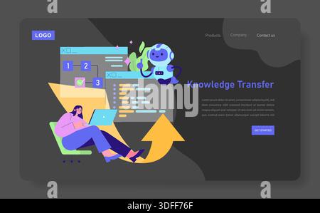 Illustration vectorielle montrant une personne interagissant avec des éléments numériques pour le transfert de connaissances. Comprend un robot futuriste aidant à comprendre le flux d'informations complexe. Illustration de Vecteur