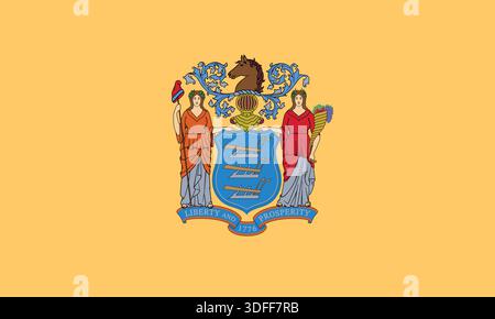 Drapeau officiel de l'État du New Jersey. Partie des États-Unis d'Amérique. Design épuré pour une utilisation imprimée, Web ou éducative. Illustration vectorielle. Illustration de Vecteur