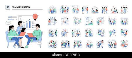 Illustration vectorielle représentant une session de collaboration en équipe avec trois personnes discutant des données sur des ordinateurs portables et des tablettes. Le cadre met l'accent sur la communication et le brainstorming. Illustration de Vecteur