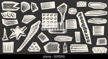 Crayon de charbon de bois crayon main dessinant des lignes bouclées, éclaboussures, squiggles et formes. Éléments noirs sur papier coupé blanc collage. Crayon de craie grunge Illustration de Vecteur