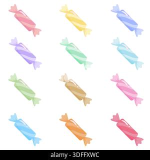 Une collection vibrante de bonbons durs emballés dans différentes couleurs pastel. Ces douceurs présentent des reflets brillants et des détails rayés, parfaites pour les bonnets Illustration de Vecteur