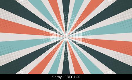 Un fond horizontal rétro de lumière du soleil avec un motif de rayons étoiles colorés en rouge sarcelle et crème avec une texture grunge en demi-teinte vieillie. Illustration de Vecteur