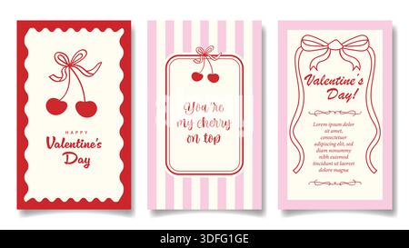 Ensemble de cartes de Saint-Valentin dans le style vintage coquette avec cerises dessinées à la main, arcs, gâteau, cadres décoratifs. Modèle romantique pour la célébration, affiche, Illustration de Vecteur