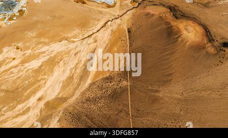 La vue aérienne du terrain géothermique islandais près de Hverir Namaskard près du lac Myvatn montre une piste de terre étroite, des taches brillantes de soufre, et bleu vapeur w Banque D'Images