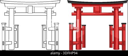 Vecteur de porte torii rouge avec des lignes épurées, des couleurs plates et une version esquissée pour la polyvalence de conception Illustration de Vecteur