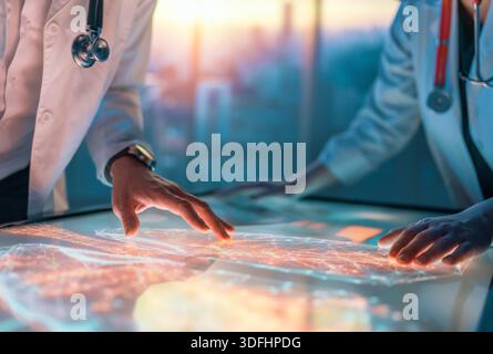 Deux professionnels de la santé interagissent avec l’écran tactile dans un cadre futuriste, analysent les données et collaborent sur des solutions de santé innovantes Banque D'Images