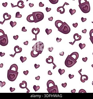 Un motif aquarelle sans couture avec une serrure, une clé et des coeurs. Le design est dans les tons de violet et de rose. Banque D'Images