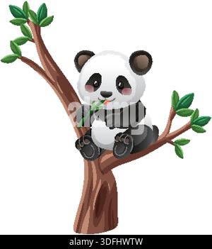 Panda de dessin animé assis sur la branche d'arbre, manger du bambou, couleurs vibrantes, style vectoriel propre Illustration de Vecteur