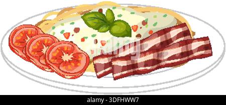 Illustration vectorielle de pâtes crémeuses garnies de basilic, servies avec du bacon et des tomates tranchées Illustration de Vecteur