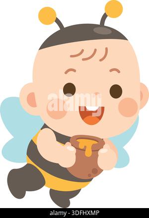 Cute Baby in Bee costume Holding Honey pot – illustration vectorielle de dessin animé Illustration de Vecteur