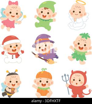 Personnages de bébé mignons dans divers costumes – ensemble de vecteur de dessin animé Illustration de Vecteur
