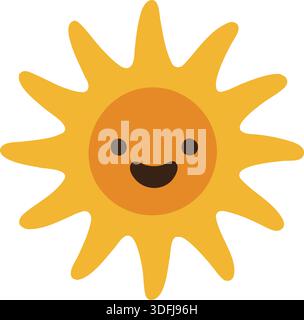 Un soleil jaune vif avec des rayons arrondis et un visage souriant amical présenté dans un style plat joyeux. Illustration de Vecteur