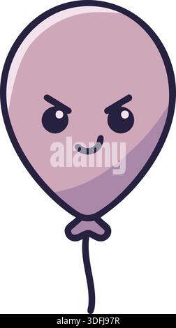 Un ballon violet avec un visage espiègle et une fine ficelle flotte contre le blanc dans un look de dessin animé ludique. Illustration de Vecteur