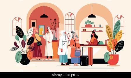 Réception de l'hôtel enregistrement des voyageurs bagages hall moderne plantes diverses personnes décoration intérieure couleurs chaudes Illustration de Vecteur