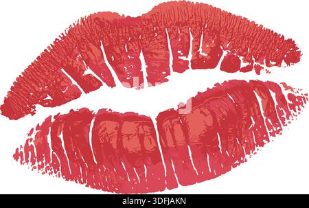Rouge à lèvres imprimé de lèvres isolé sur fond blanc, détaillé avec des plis et des contours visibles, symbolisant l'affection, la beauté, la romance, la mode, Illustration de Vecteur