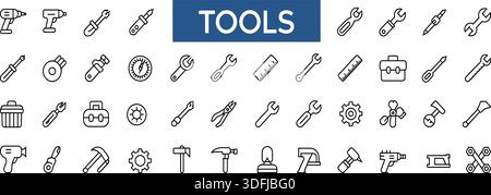 Icônes d'outils de contour définies pour la construction, la réparation et le bricolage, symboles minimaux d'équipement de ligne pour l'atelier, l'ingénierie et la conception d'interface sur blanc Illustration de Vecteur