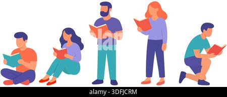 Illustration plate de jeunes hommes et femmes lisant des livres, assis et agenouillés dans des positions détendues. Conception vectorielle minimaliste Illustration de Vecteur