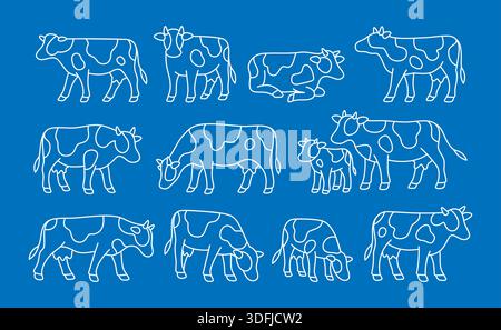 Icône de vache de contour blanc définie sur fond bleu. Collection d'animaux de ferme linéaire minimale dans un style vectoriel moderne Illustration de Vecteur