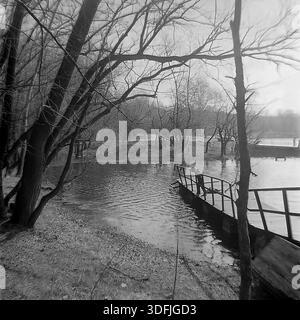 Région de Donetsk, RSS d'Ukraine, Union soviétique, années 1960 Une photographie d'ambiance de format moyen noir et blanc capturant un paysage printanier tranquille au bord de la rivière. Une figure solitaire, probablement un enfant, se tient sur un pont flottant en métal, se penchant au-dessus de la balustrade pour regarder l'eau. De grands troncs d'arbres sombres sur la banque encadrent la scène, contrastant avec la surface ondulante de l'eau. Cette image d’archives transmet l’ambiance de solitude et de contemplation dans le paisible Donbass, préservant un moment de la vie quotidienne au milieu du XXe siècle. Banque D'Images