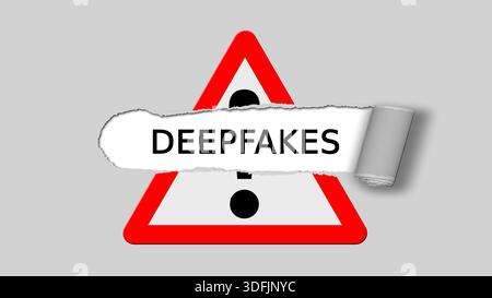 DEEPFAKES - lettrage dans la découpe sur le papier déchiré au-dessus du signe d'avertissement - illustration 3D. Banque D'Images